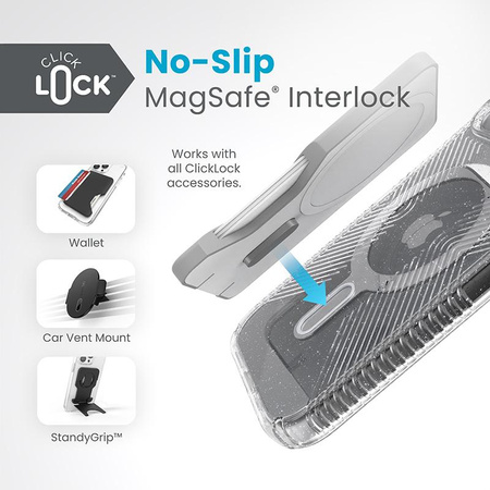 Speck Presidio Lux Grip ClickLock & MagSafe - pouzdro pro iPhone 16e / iPhone 15 / iPhone 14 / iPhone 13 (čiré / s platinovými třpytkami / s chromovou povrchovou úpravou / stříbrné)