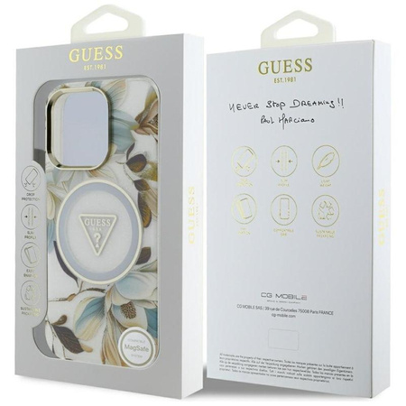 Guess Glitter Flowers Triangle Buttons MagSafe - Pouzdro pro iPhone 16 Pro (bílý)