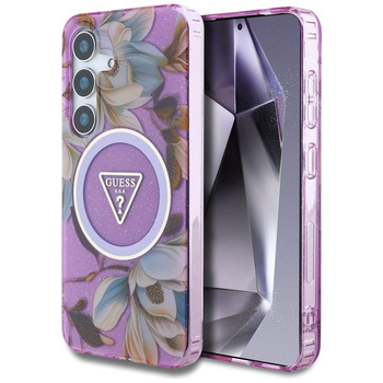 Guess Glitter Flowers Triangle Buttons MagSafe - Case for Samsung Galaxy S25 (purple)