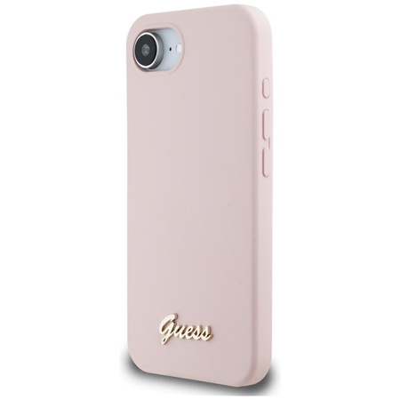 Guess Silicone Script Metal Logo MagSafe - pouzdro pro iPhone 16e (růžové)