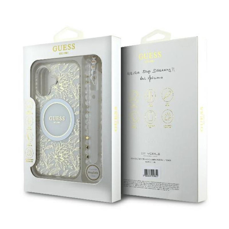 Guess IML Blumen Allover Elektro mit Perle Riemen MagSafe - iPhone 16 Plus Fall (weiß)