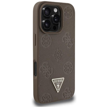 Guess Grained Hot Stamp Pfingstrose Dreieck Logo MagSafe - Hülle für iPhone 16 Pro (braun)