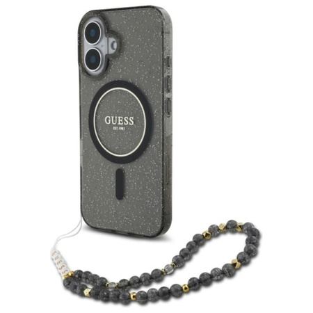 Guess IML Glitter With Pearl Strap MagSafe - iPhone 16 Tasche (schwarz)