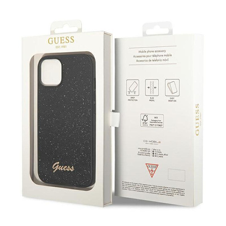 Guess Glitter Flakes Metal Logo Case - Hülle für iPhone 14 Plus (Schwarz)