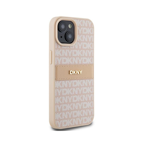 DKNY Bőr mono csíkos és fém logóval - iPhone 15 / 14 / 13 tok (rózsaszín)