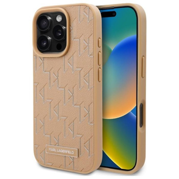 Karl Lagerfeld Kožené pouzdro MagSafe s kovovým logem Monogram - iPhone 16 Pro (béžové)