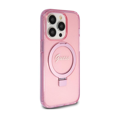 Guess Ring Stand Script Glitter MagSafe - Coque iPhone 15 Pro Max (rose)
