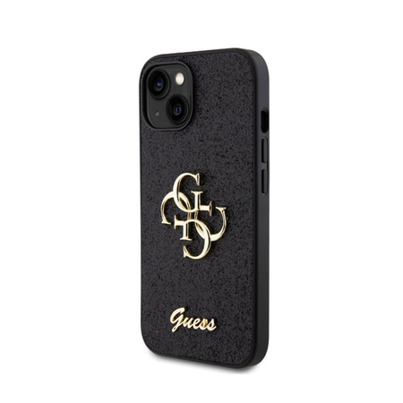 Guess Glitter Script Big 4G - Hülle für iPhone 15 (Schwarz)