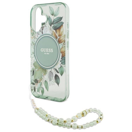 Guess IML Flowers With Pearl Strap MagSafe - pouzdro pro iPhone 16 (zelené)