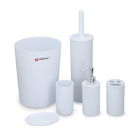 KOMPLET ŁAZIENKOWY KOSZ SZCZOTKA WC KUBEK, Zestaw Biały, Alpina 6 elementów