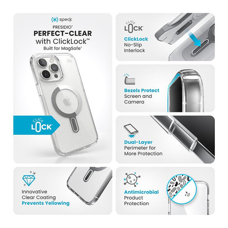 Speck Presidio Perfect-Clear ClickLock & MagSafe - Coque iPhone 16 Pro Max (Clair / Finition Chrome / Argent Serein)