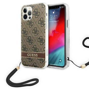 Guess 4G Print Cord - Coque avec dragonne iPhone 12 Pro / iPhone 12 (Marron)