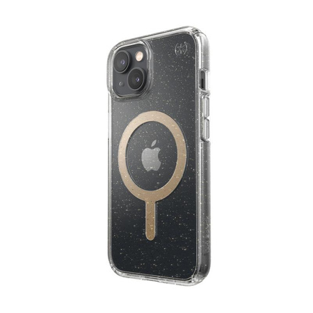 Speck Presidio Perfect-Clear with Glitter + MagSafe - pouzdro pro iPhone 14 / iPhone 13 s povrchovou úpravou MICROBAN (čiré / zlaté třpytky)