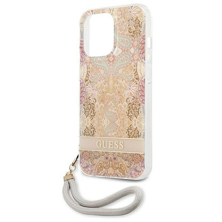 Guess Flower Cord - pouzdro se šňůrkou na krk pro iPhone 13 Pro Max (zlaté)