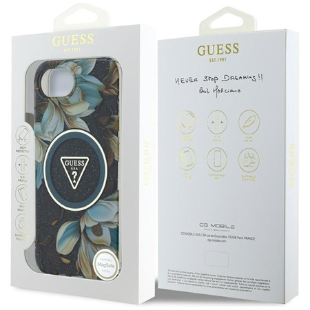 Guess IML Metal Glitter Flowers Triangle MagSafe - Hülle für iPhone 16e (schwarz)