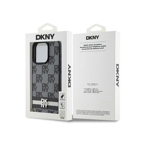 DKNY Leather Checkered Mono Pattern & Printed Stripes - Coque pour iPhone 15 Pro Max (noir)