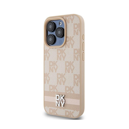 DKNY Leder mit kariertem Monomuster und gedruckten Streifen - iPhone 15 Pro Max Tasche (rosa)