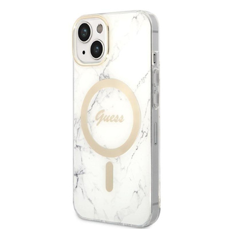 Guess Bundle Pack MagSafe IML Marble - Set of case for iPhone 14 Plus + MagSafe charger (White/Gold)