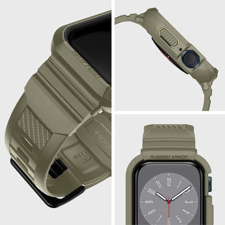 Spigen Rugged Armor Pro - Bracelet avec étui pour Apple Watch 44/45 mm (Vintage Khaki)