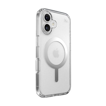 Speck Presidio Perfect-Clear MagSafe - iPhone 16 Case (Clair / Finition Chrome / Argent Serein)