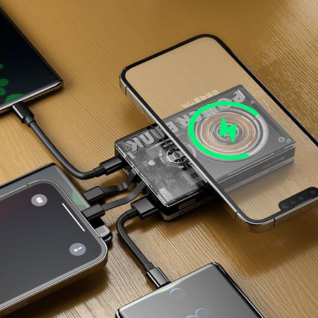 WEKOME WP-331 Vanguard Series - 10000 mAh Super Charging induction power bank with built-in USB-C & Lightning PD 20W + QC 22.5W MagSafe cable (Black / Transparent