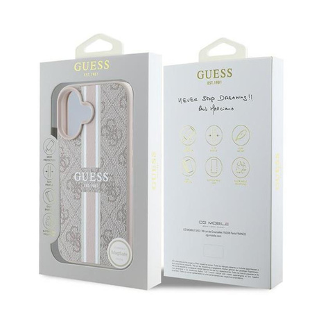 Guess 4G Étui MagSafe à rayures imprimées pour iPhone 16 Plus (rose)
