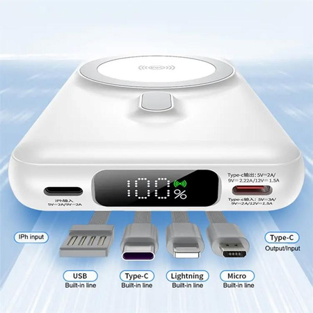 WEKOME WP-12 Tint Series - Banque d'alimentation inductive MagSafe 10000 mAh avec câble intégré USB-C / Lightning / Micro USB / USB-A (Blanc)