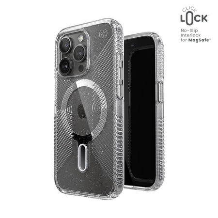 Speck Presidio Lux Grip ClickLock & Magsafe - Coque pour iPhone 15 Pro (Transparent / Finition chromée / Argent Serein)