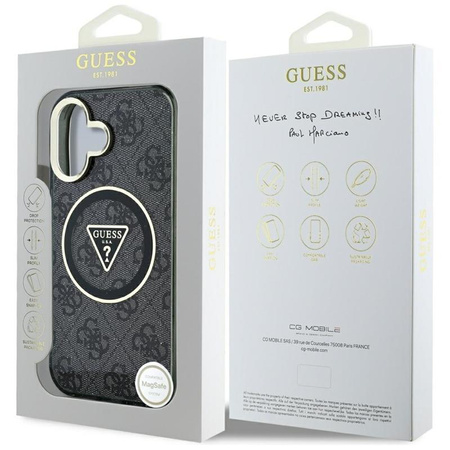 Guess IML Metal Glitter 4G Circle Triangle MagSafe - Pouzdro pro iPhone 16 (černá)
