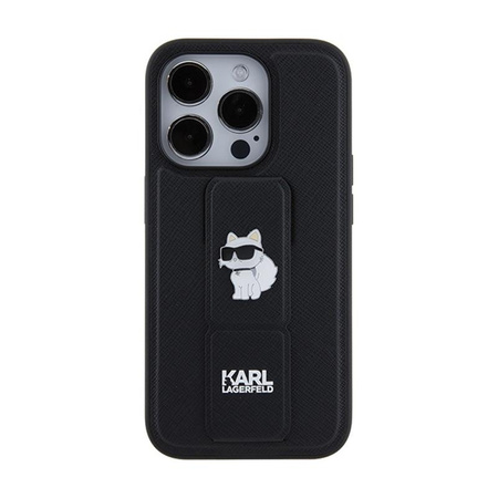 Karl Lagerfeld Gripstand Saffiano Choupette Pins - pouzdro iPhone 15 Pro (černé)