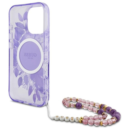 Guess IML Flowers With Pearl Strap MagSafe - Case for iPhone 16 Pro Max (Purple)