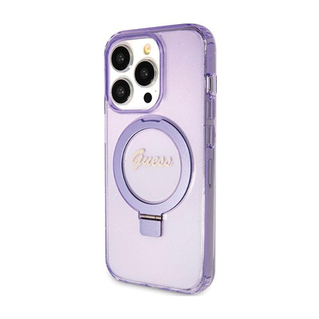 Guess Ring Stand Script Glitter MagSafe - iPhone 15 Pro Tasche (Violett)