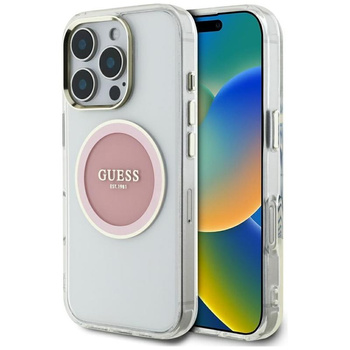 Guess IML Metallfarbener Kreis Klassisches Logo MagSafe - Gehäuse für iPhone 16 Pro (rosa)