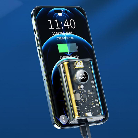WEKOME WP-345 Vanguard sorozat - Power bank 10000 mAh gyors töltés integrált USB-C és Lightning PD 20W + QC 22.5W kábellel (sárga)
