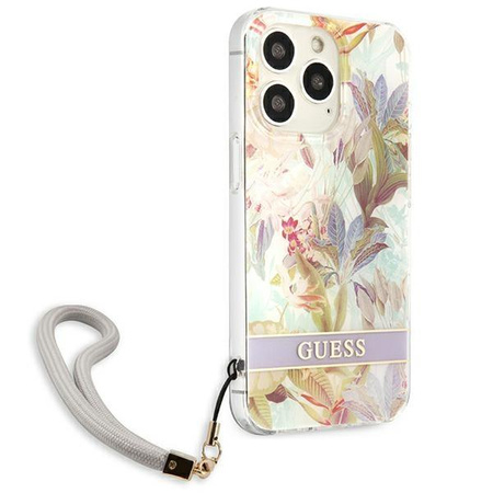 Guess Flower Cord - pouzdro se šňůrkou na iPhone 13 Pro Max (fialové)