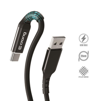 Crong Armor Link - 60W PD 3A USB-A - USB-C kábel 25cm (fekete)