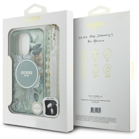 Guess IML Flowers With Pearl Strap MagSafe - Etui iPhone 16 Pro Max (zielony)