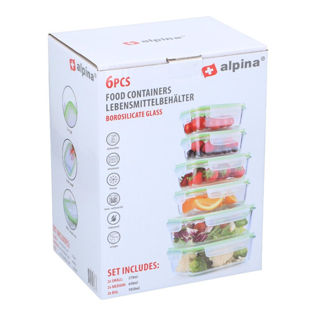 Alpina – 6er-Set Glas-Vorratsdosen mit Deckel, Lunchbox 370 ml / 640 ml / 1050 ml
