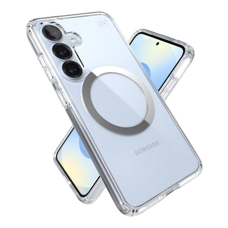 Speck Presidio Perfect-Clear Magnet - Pouzdro pro Samsung Galaxy S25 / S24 MagSafe (Clear / Chrome Finish / Serene Silver)
