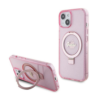 Guess Ring Stand Script Glitter MagSafe - pouzdro pro iPhone 15 Plus (růžové)