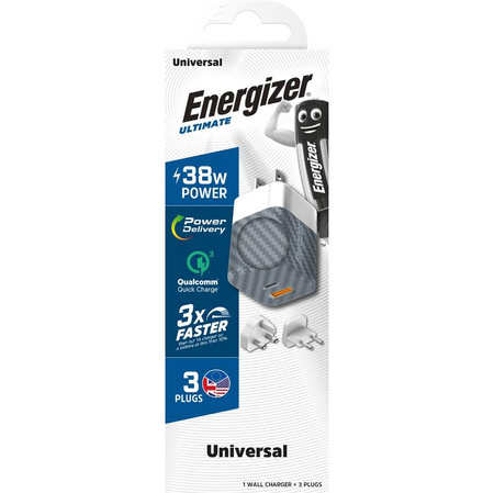 Energizer Ultimate - Multiplug EU / UK / US GaN USB-C & USB-A 38W PD + QC3.0 chargeur de voyage (Argent)
