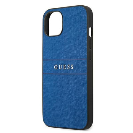 Pouzdro Guess Saffiano Metal Logo Stripes - iPhone 13 (modré)