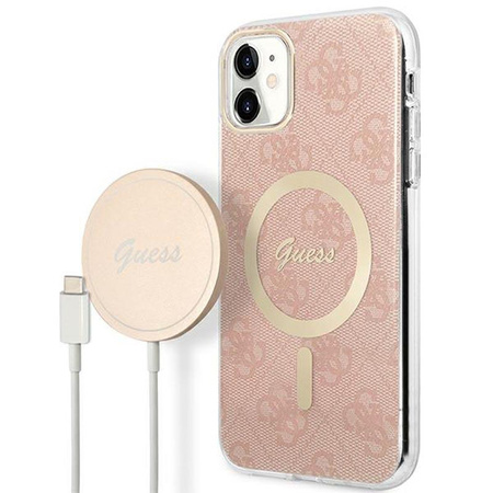 Guess Bundle Pack MagSafe 4G - MagSafe iPhone 11 Tasche + Ladegerät Set (rosa/gold)