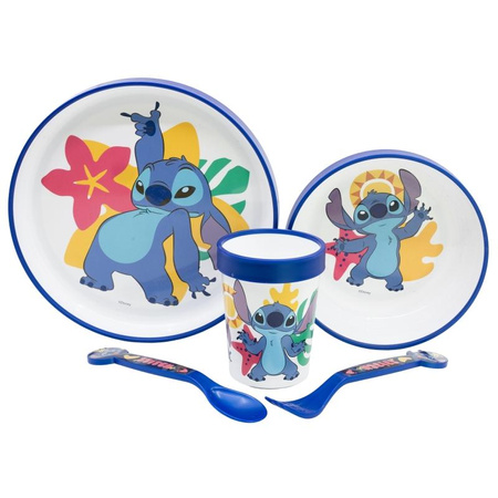 Disney Stitch - Protiskluzová sada nádobí do mikrovlnné trouby 5 ks. (talíř, miska, hrnek, vidlička, lžíce)