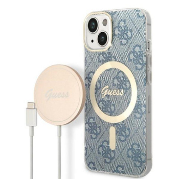 Guess Bundle Pack MagSafe 4G - Set aus hülle für iPhone 14 Plus + MagSafe Ladegerät (Blau/Gold)