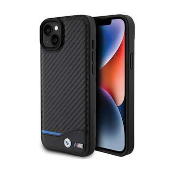 BMW Leather Carbon Blue Line - Tasche für das iPhone 15 Plus (schwarz)