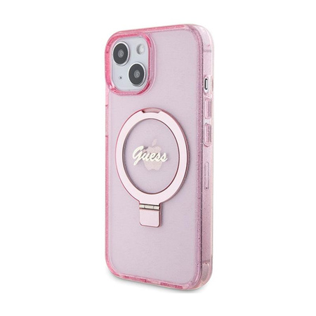Guess Ring Stand Script Glitter MagSafe - iPhone 15 Hülle (rosa)