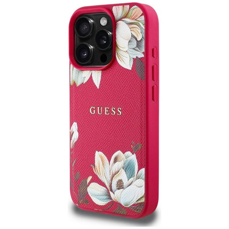 Guess szemcsés, nyomtatott virágmintás MagSafe - tok iPhone 16 Pro készülékhez (fukszia)