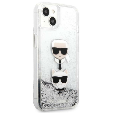 Karl Lagerfeld Liquid Glitter Karl & Choupette Head - pouzdro pro iPhone 13 (stříbrné)