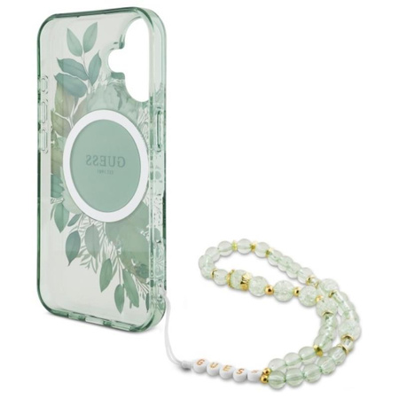 Guess IML Flowers With Pearl Strap MagSafe - pouzdro pro iPhone 16 (zelené)